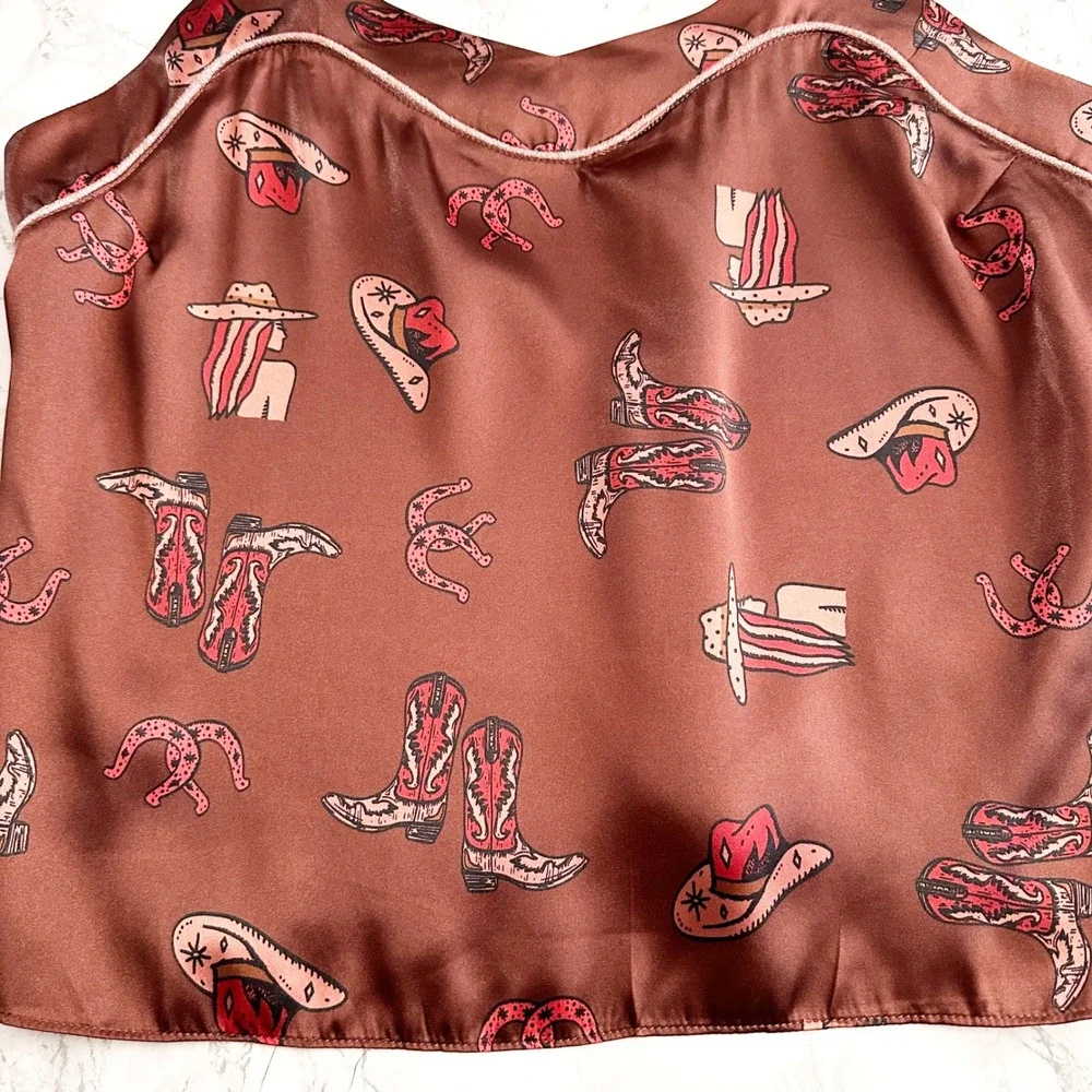 Midnight Bakery Spaghetti Strap Western Print Brown Satin Camisole Size Medium